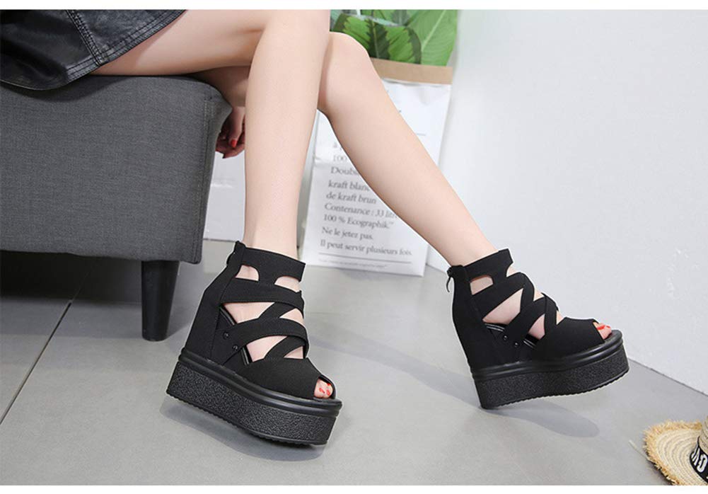 Jimei House Women's Platform Sandals, Open Toe, Black, Lightweight, Easy to Walk in, Zippered Wedges, 14cm High Heel, 5.5cm Waterproof, Summer