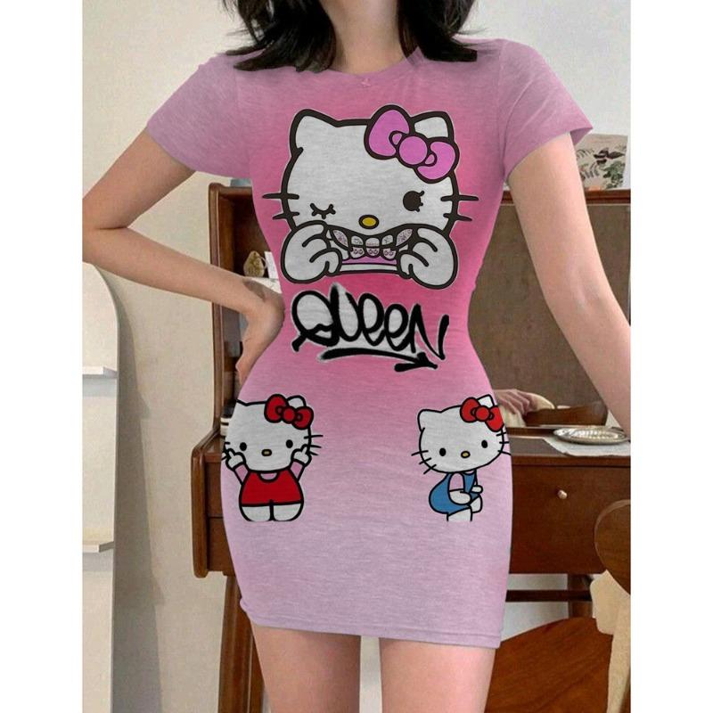 Y2k Fashion Women's 2024 Summer Sexy Tight Mini Dress Party Hello Kitty Printed Loose Short Dress