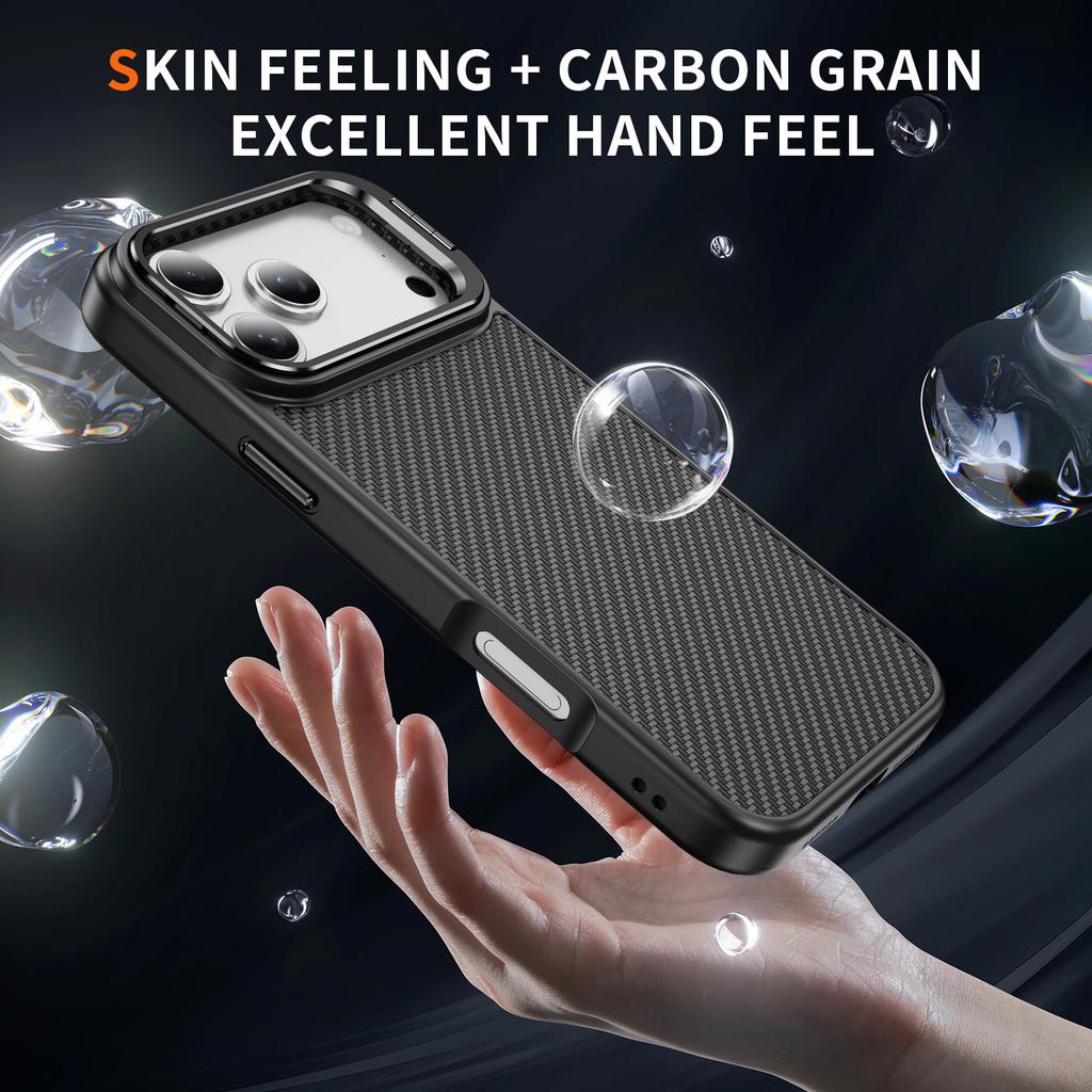 Para Capa de Celular IPhone17promax Suporte de Lente Oculta Padrão Fibra de Carbono Pele Magnética para Capa de Celular Apple