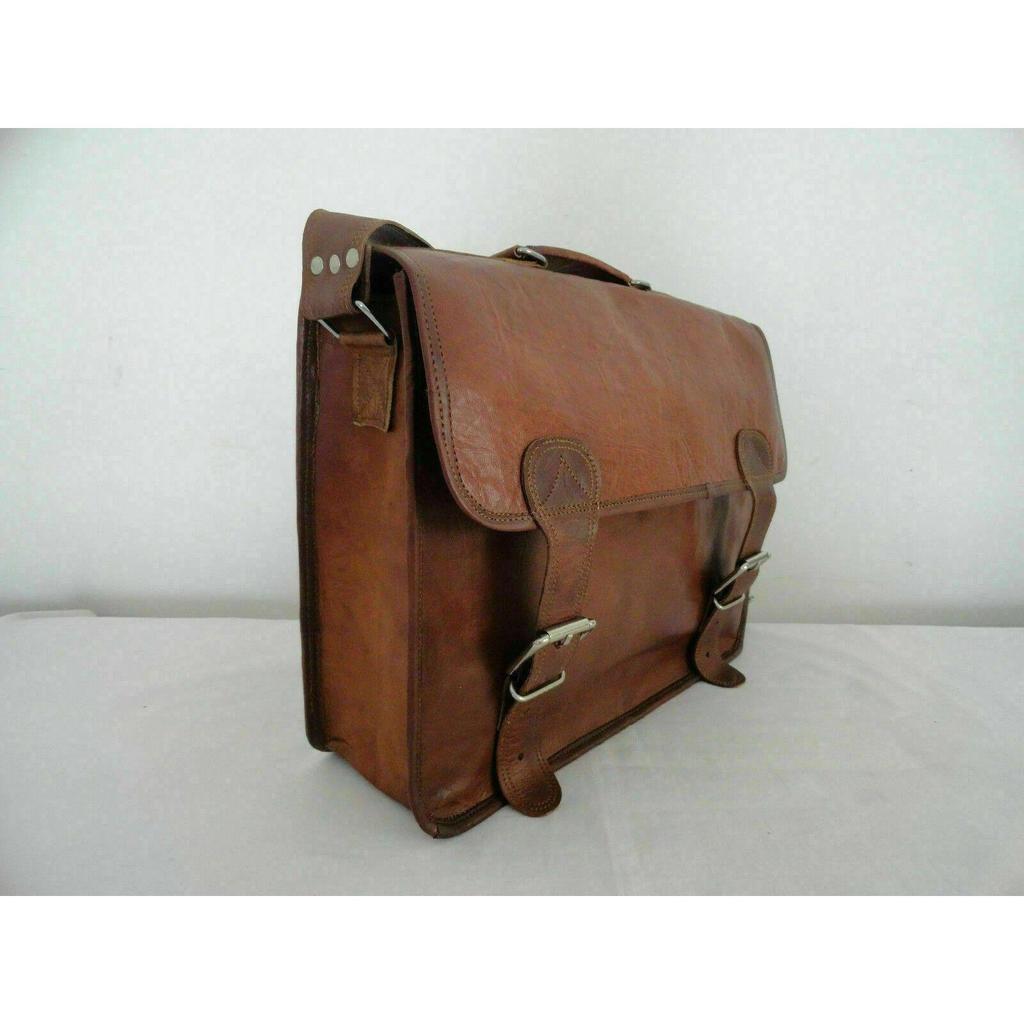 Real Satchel Bag Genuine Laptop Brown Briefcase Casual Goat Leather Messenger