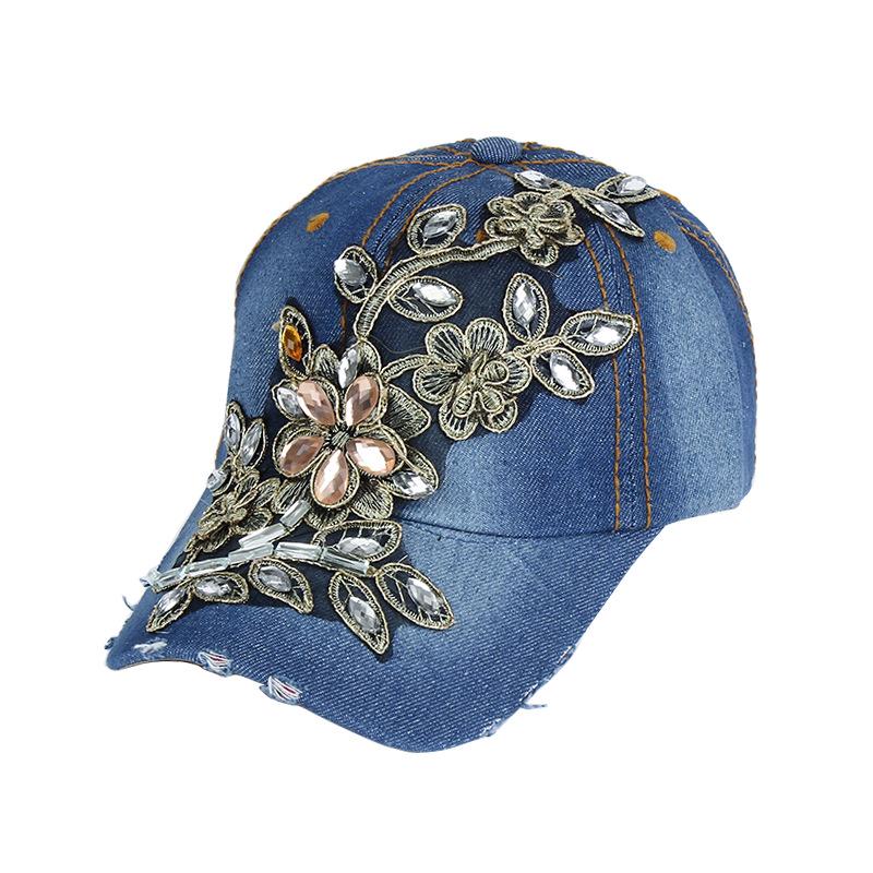 Modische Damen-Baseballkappe aus Denim mit Rosen-Strasssteinen - Hip-Hop-Sonnenhut