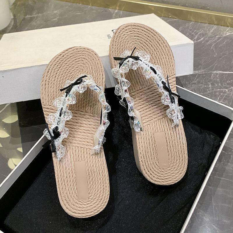 Thick-soled Bow Lace Edge Casual Slippers Women 2025 Summer Wear Versatile Flip-flops Vacation Beach Shoes Women