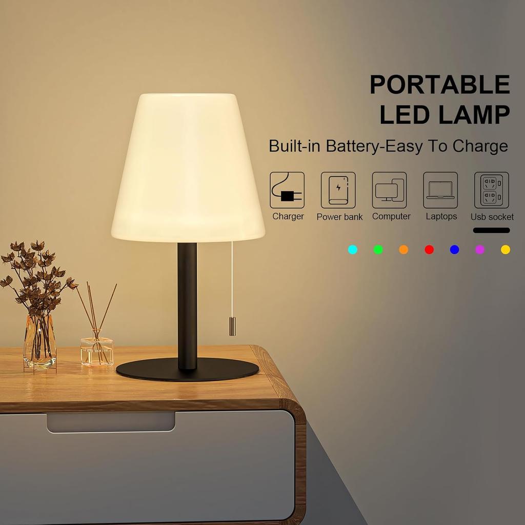 Outdoor Table Lamp/Portable LED Cordless Lamp/Rechargeable Battery lamp/ 2- Level Brightness/2 Lighting Modes/IP44 Waterproof/Metal Light Post and