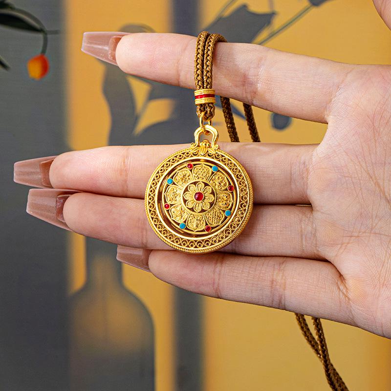 Vietnamese Sand Gold Rotatable Compass Pendant Necklace - Women's Versatile, Long-lasting Color Retention Jewelry with Eight Treasures Design