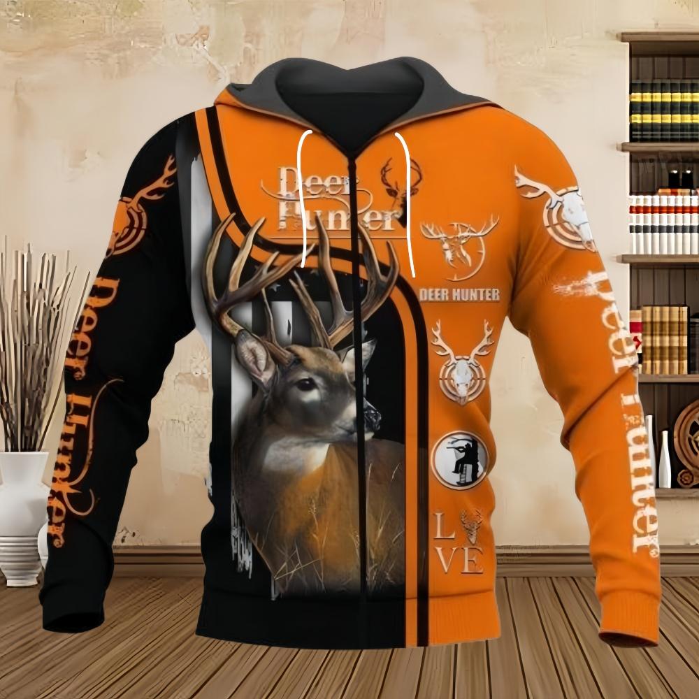 New In Sweatshirts Street Deer Graphic Long Sleeves Zipper Hoodie Tops Autumn Comfortable Kangaroo Pocket Oversized Zipup Hoodie