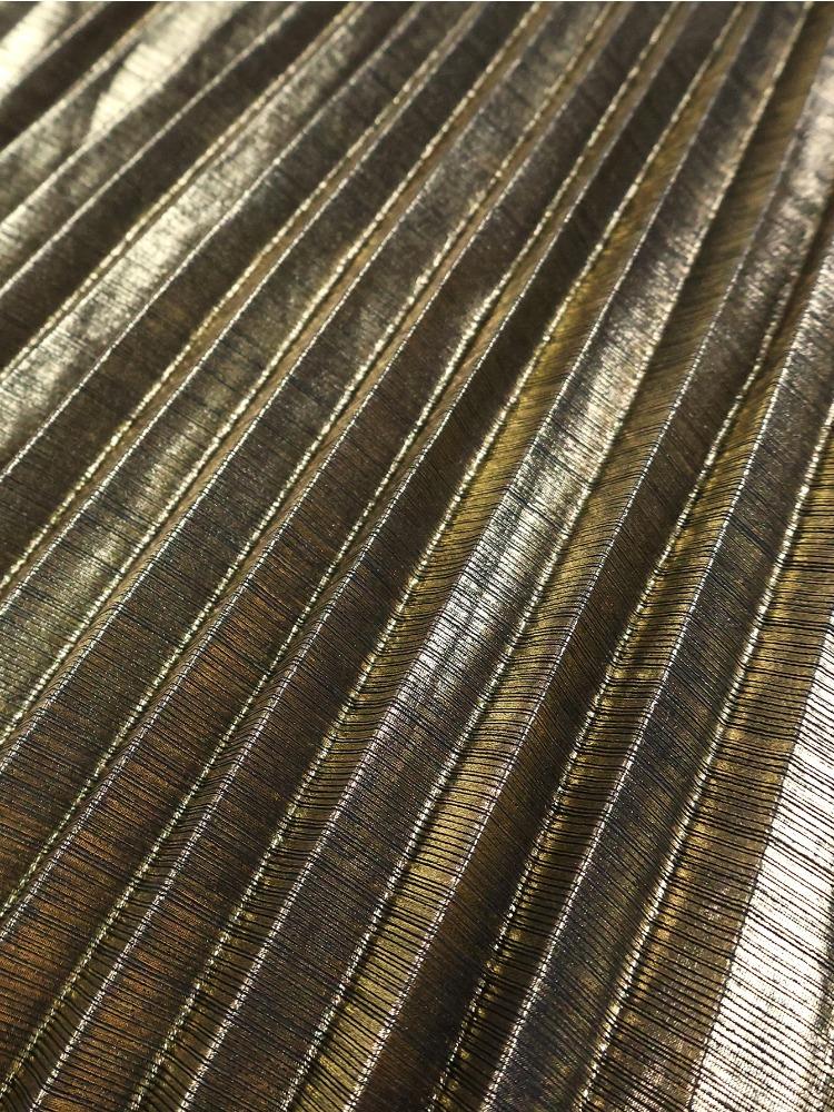 Elegant Gold A Line Pleated Dress Half High Neck Long Lantern Sleeve Casual Office Wear Midi Dress Women Vintage Party Outfits