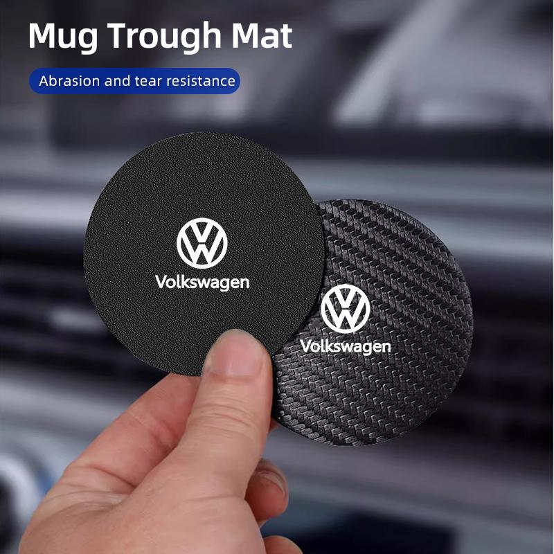 2Pcs Car Leather/Carbon Fiber Water Cup Coasters Anti-Slip Pads For VW Passat Golf Tiguan Polo Scirocco Jetta CC Touareg Touran QO9