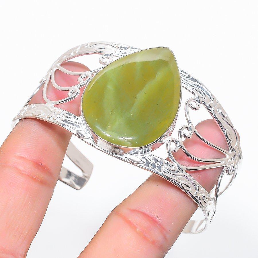 Natural Nephrite Gemstone 925 Sterling Silver Cuff Bangle Adjustable w3B32
