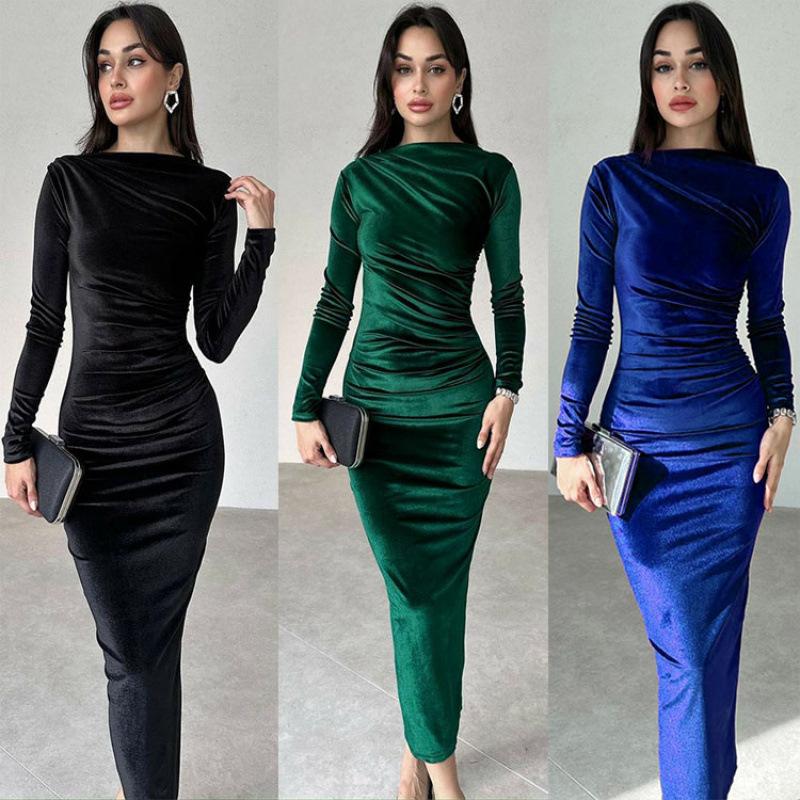 Women's Autumn and Winter Fashion Solid Color Slim Pleated Round Neck Long Sleeve Dress