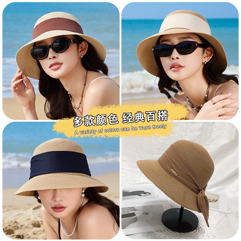 Summer Hat Women's Fashion Temperament Lafite Straw Hat Summer Sunscreen Visor Bucket Hat Streamer Grass Hat