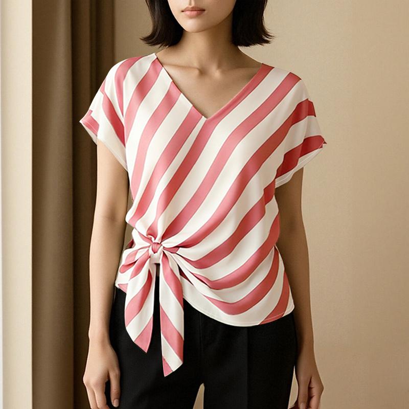 

ZANZEA Women Casual V-Neck Short Sleeve Loose Stripe Blouse 2XL розовый