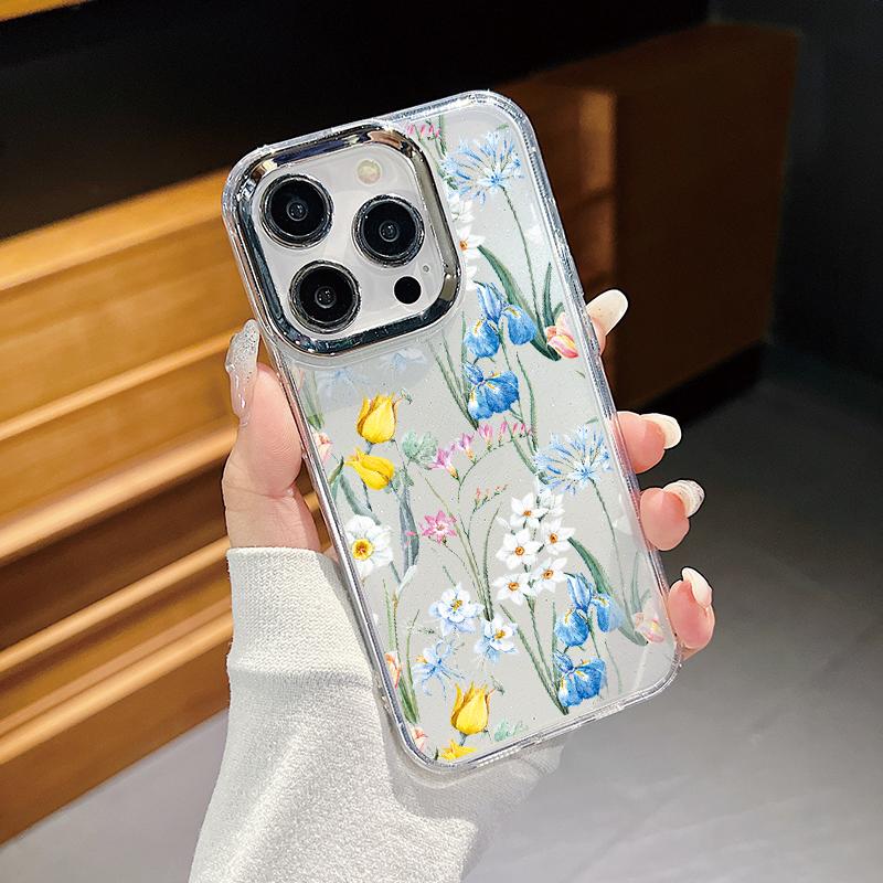 Plating Lens Frame Flowers Love Heart Phone Case For iPhone 16 15 14 13 12 Pro Max Plus 11 Clear TPU Shockproof Cover