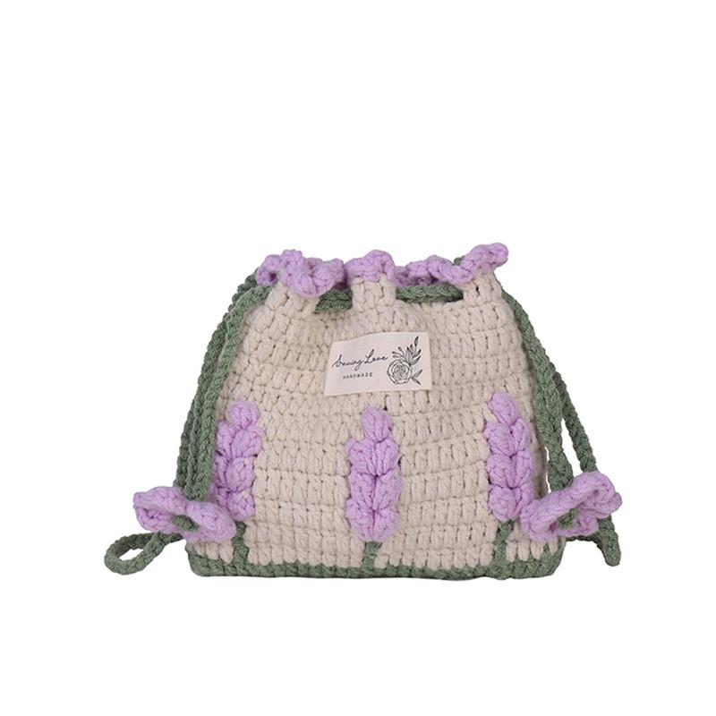 Handgefertigte Wollstrickblume Kordelzugtasche Mini Umhängetasche für den täglichen Gebrauch