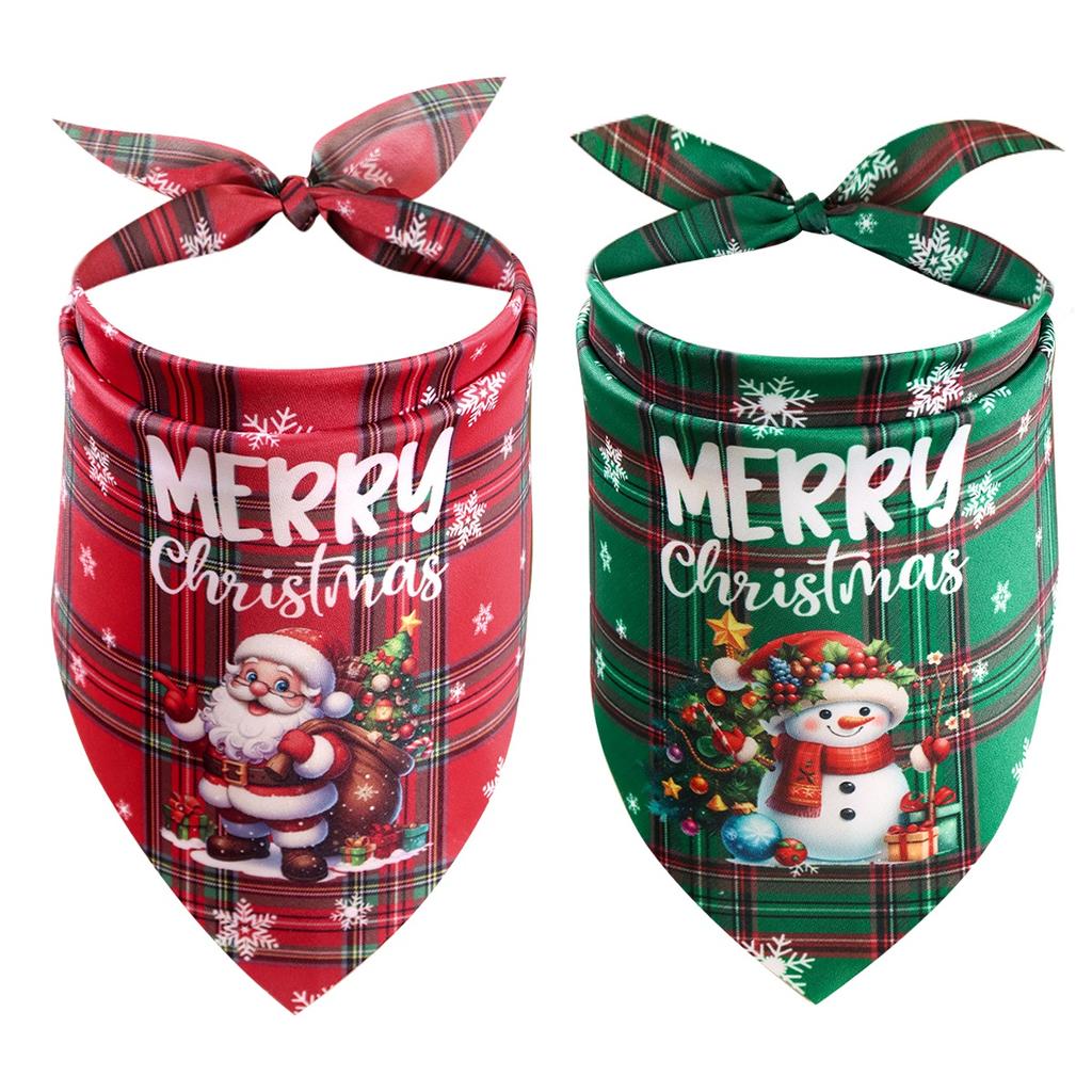 2pcs Christmas Plaid Pet Bandanas Santa Claus Snowman Dog Saliva Towel Triangle Scarf Christmas Decorations for Dog Pet Supplies