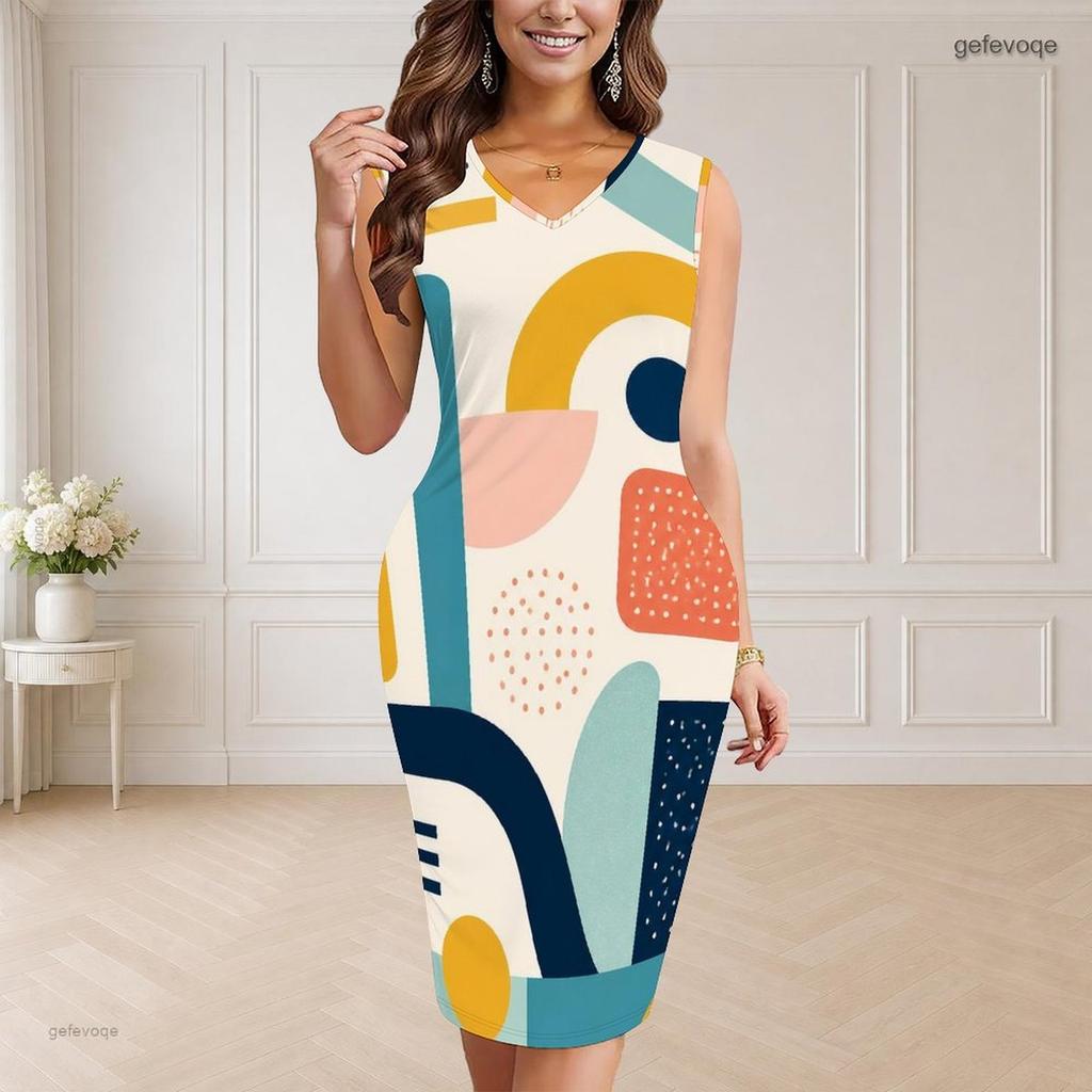 Women Plus Size V Neck Sleeveless Grey Black Blue Geometric Printed Bodycon Midi Dress