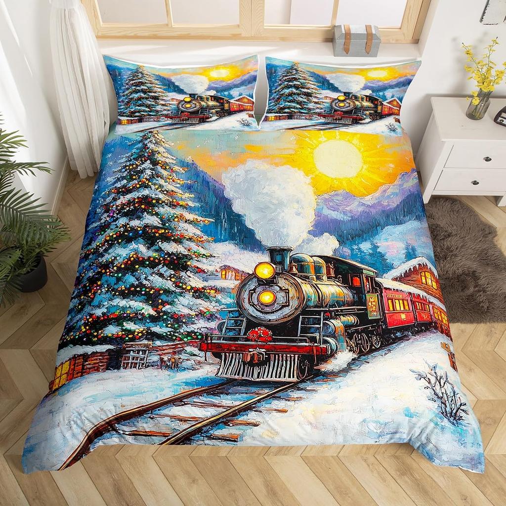 Winter Snow Train Duvet Covers For Kids Teens Queen Size Lightweight Quilt Covers Train Railway Track Bedding Set No Comforter