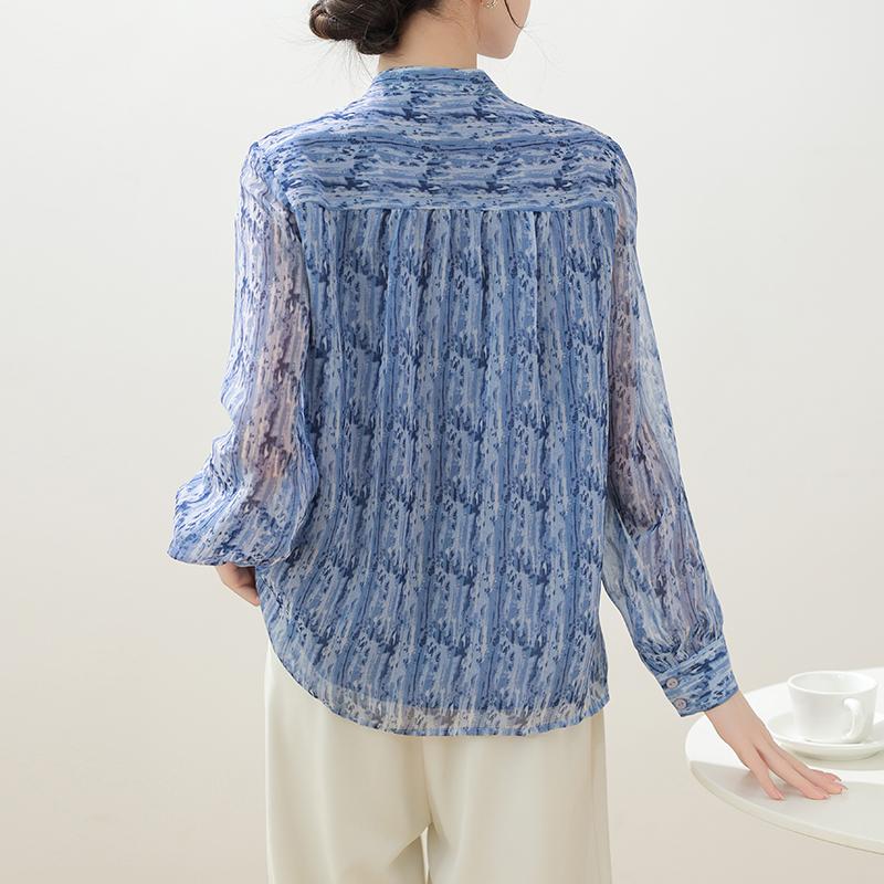 Women Blouses Shirts 2025 Spring Long Sleeve Women Blouse Shirt Stand Collar Print Chiffon Blouse Shirt Women Tops J922