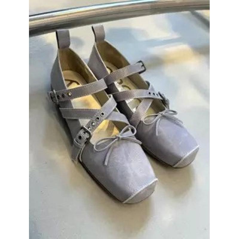 New Korean products! Bow square head shallow mouth ballet shoes women's 2025 summer new one-word buckle Mary Jane shoes