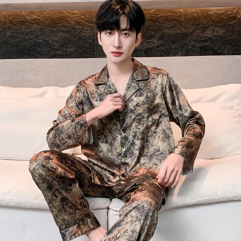 New Printed Men's Pajamas Spring and Autumn Ice Silk Long-sleeved Trousers Suit Men's Summer High-end Loungewear
