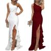 Women Sexy One Shoulder Ruffle Large Swing Slit Evening Party Slim Maxi Dress