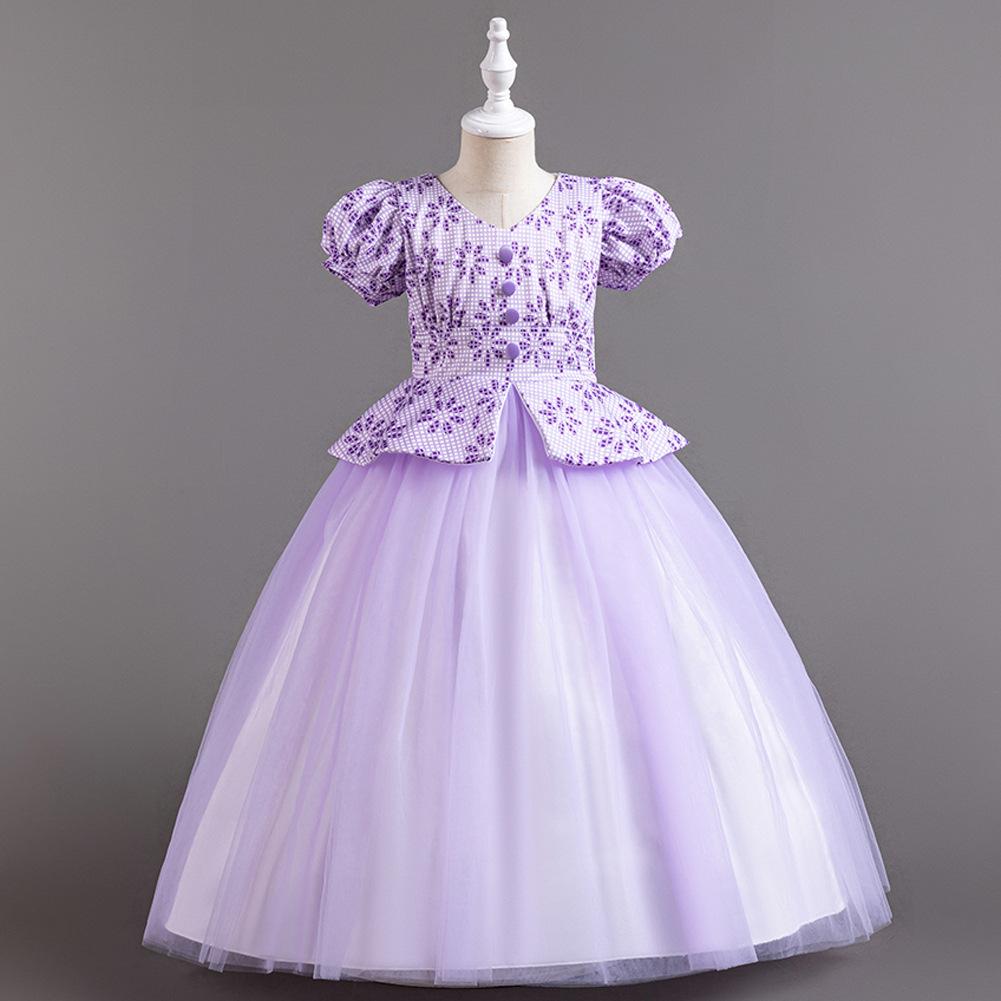 Children's Princess Dresses Thousand Birdie Patchwork Mesh Puffy Long Bubble Sleeve Girls' Stage Performance Dresses  Girl's Favourite Dress