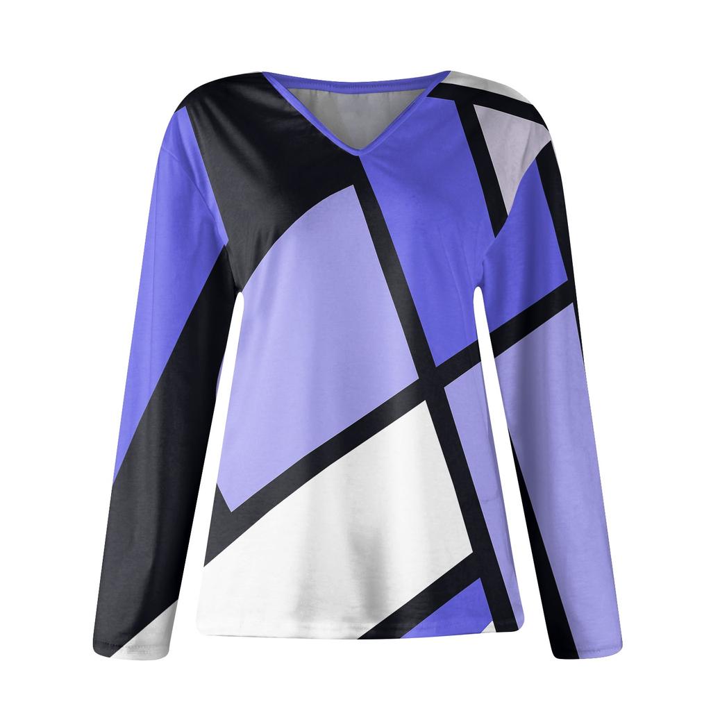 Women's Fashion Casual Temperament V-neck Irregular Striped Geometric Print Long Sleeve Blouse