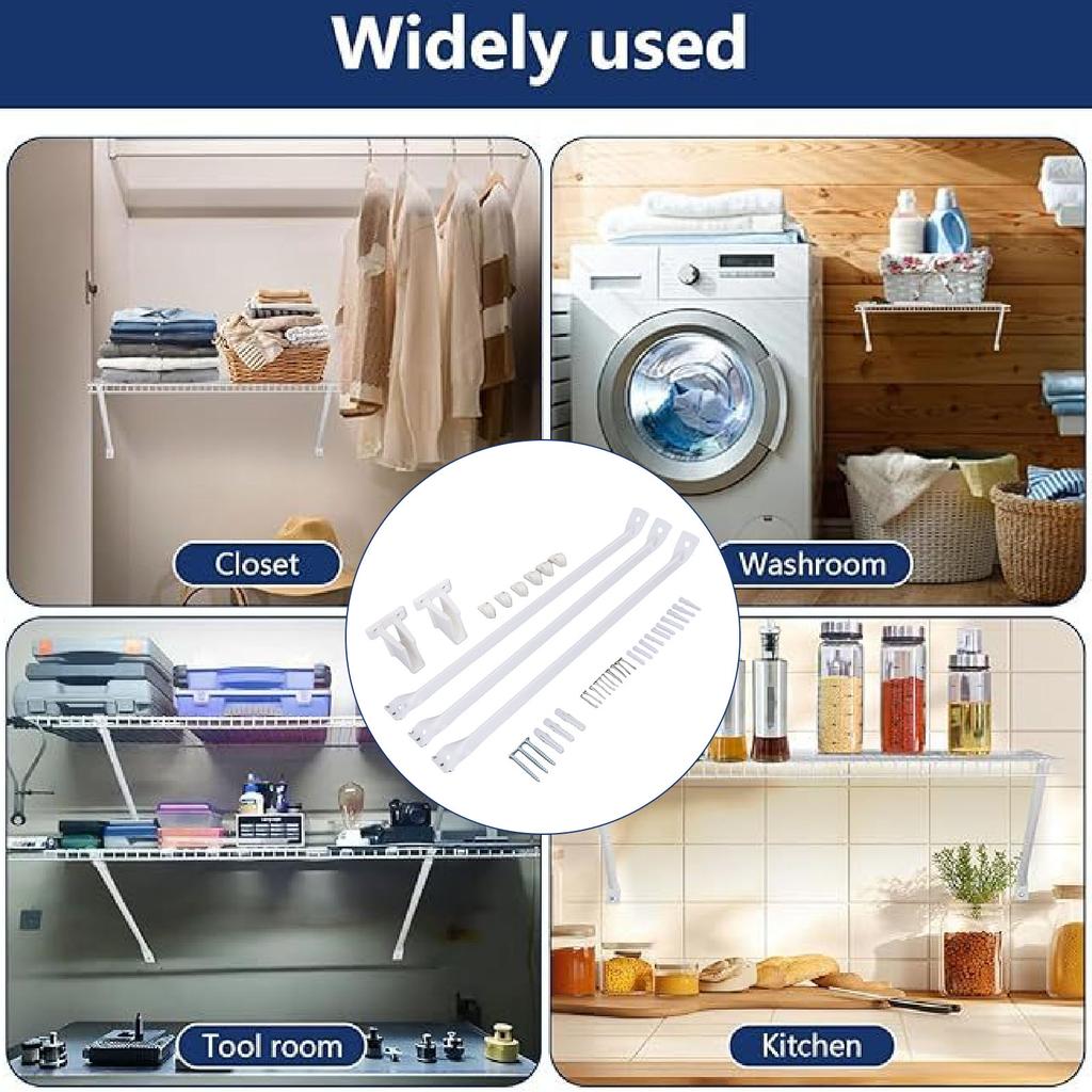 3PCS Wire Shelf Brackets Set Steel Wire Shelving Support Bracket with 6 Clamps and 2 End Brackets for 12 Inch Wire Shelf Wardrobe Closet