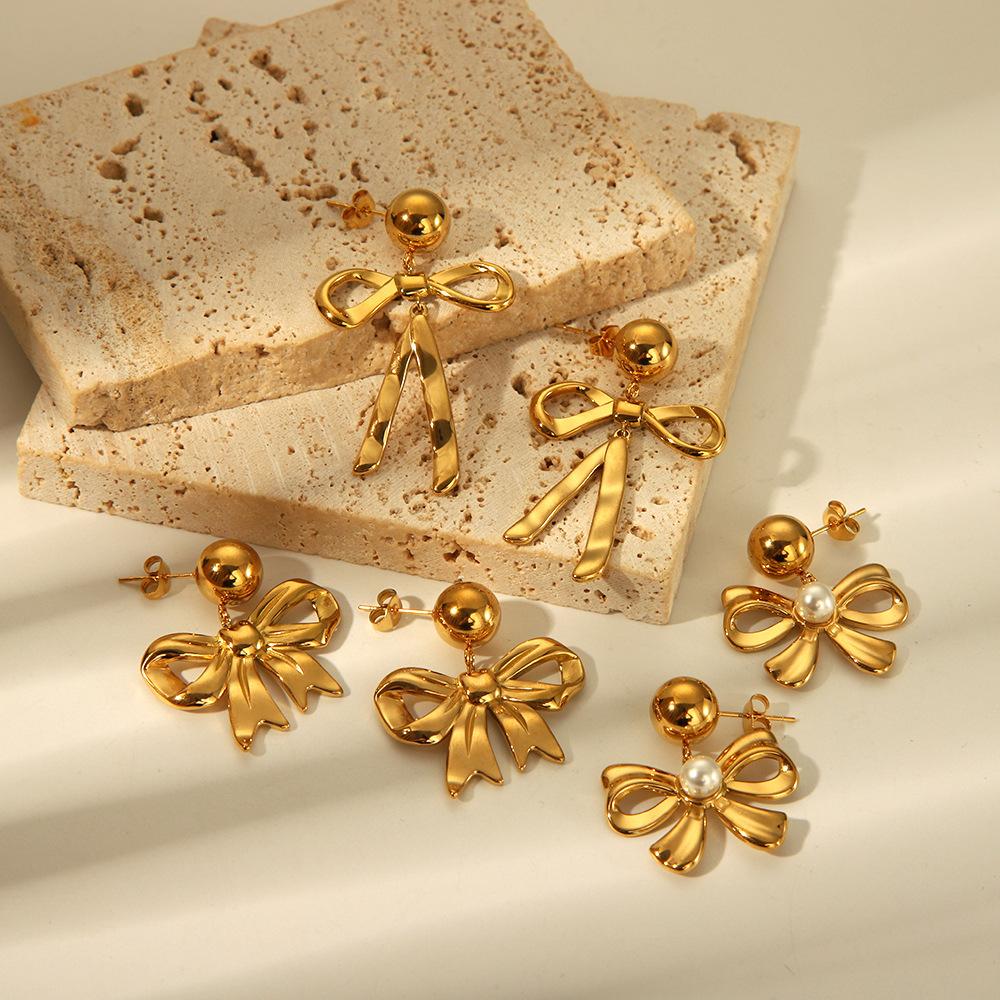 Gold Color Stainless Steel Bowknot Drop Earrings For Women Pierce Drop Stud Accessory