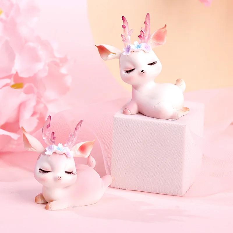 New Forest Style Pink Resin Deer Artificial Flowers Iron Acrylic Cake Toppers For Happy Birthday Party Decoration Baking Suplies