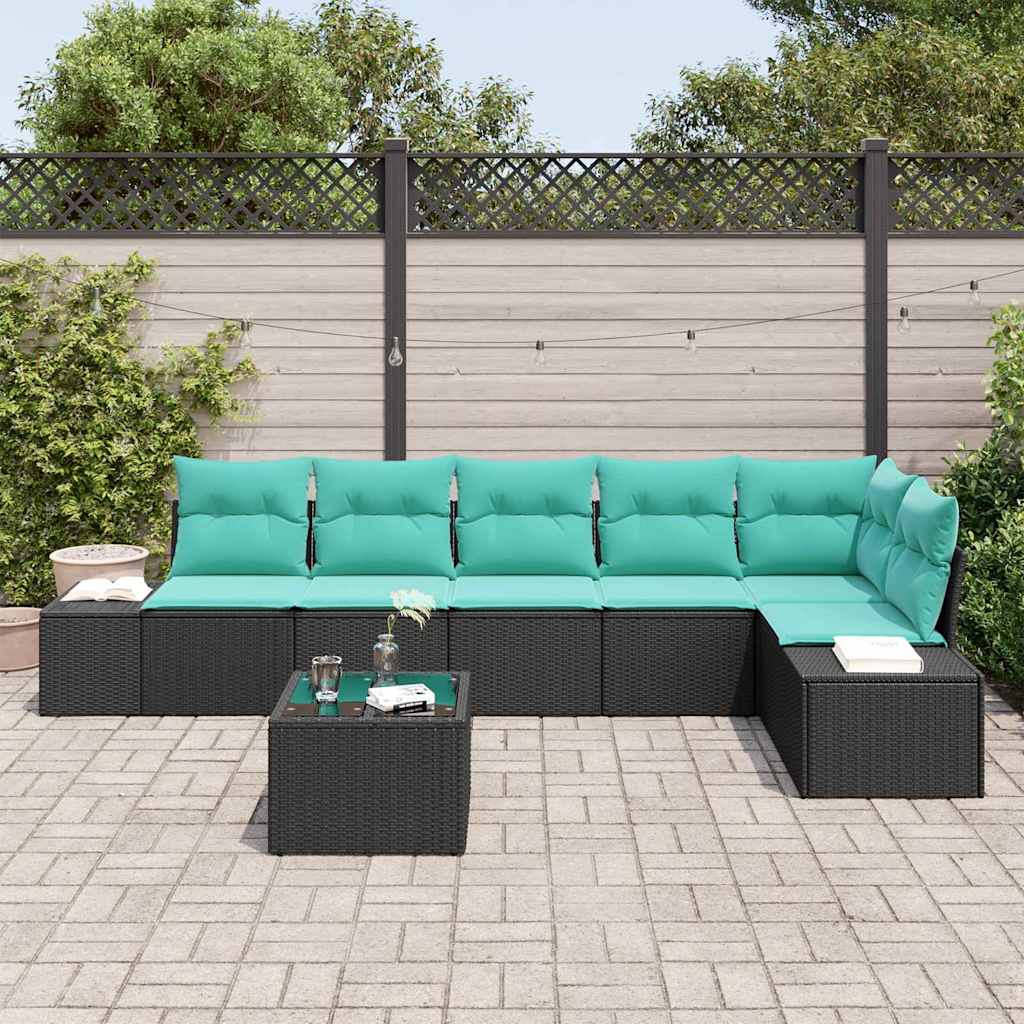 Garden Sofa Set with Storage Black and Turquoise Poly Rattan