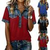 Denim Patchwork Shirts For Women Stand Collar Casual Blouse Short Sleeve Comfy Tshirt Spring Summer Fashion