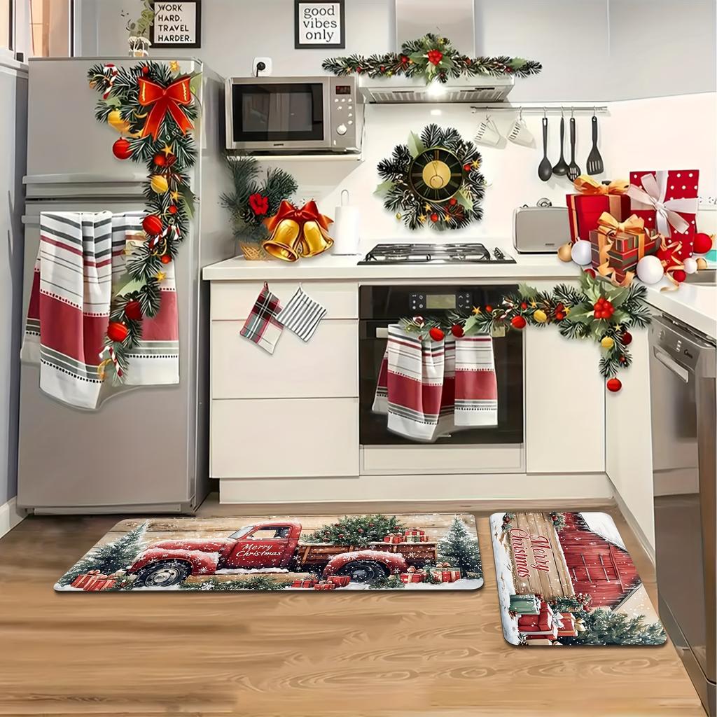 2 Stück Anti-Ermüdungs-Küchenteppiche Weihnachten Wasserdicht Rutschfest Dick Gepolsterte Küchenmatte Schwerlast-Komfort-Stehmatte für Küche
