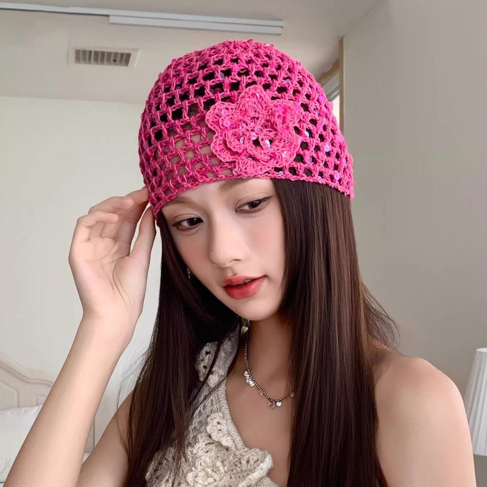 Flower Crochet Sequined Hat Thin Bohemian Style Beanies Sweet Weave Cap  Outdoor розы красного