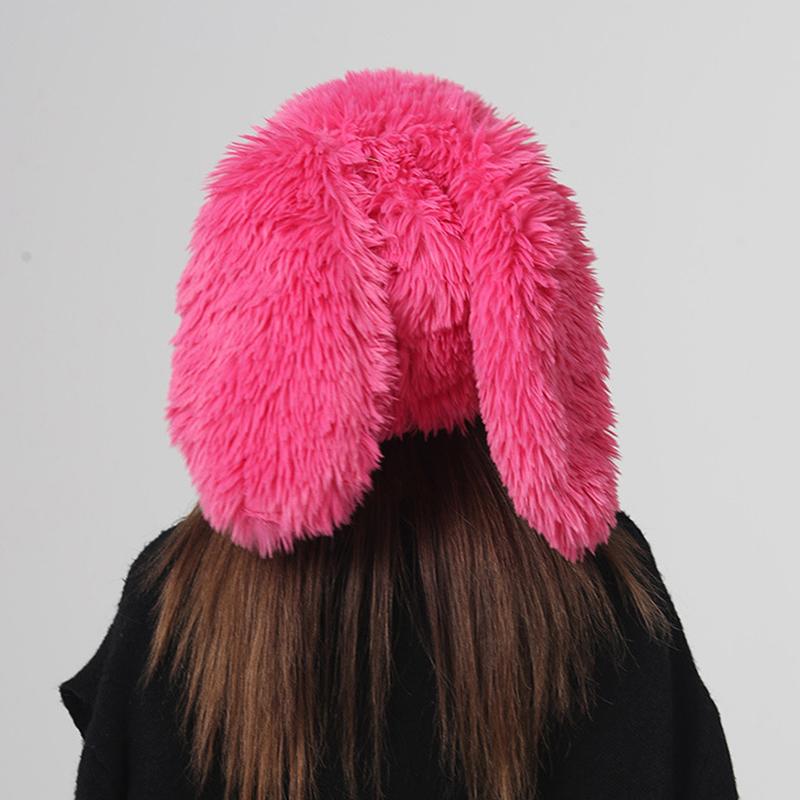 Měkká plyšová čepice s dlouhýma králičíma ušima pro ženy a dívky, roztomilá kreslená čepice na ochranu uší, zimní zateplená pletená čepice, baret