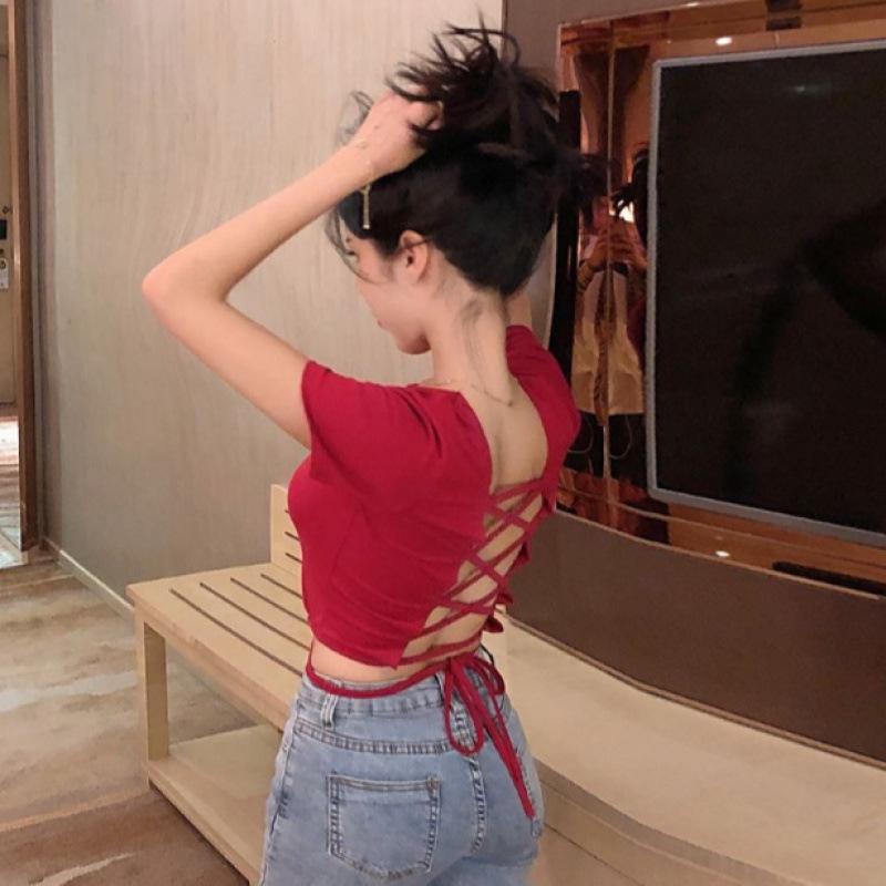 Women’s Trendy Summer Short-Sleeve Tie-Up Backless Crop Top