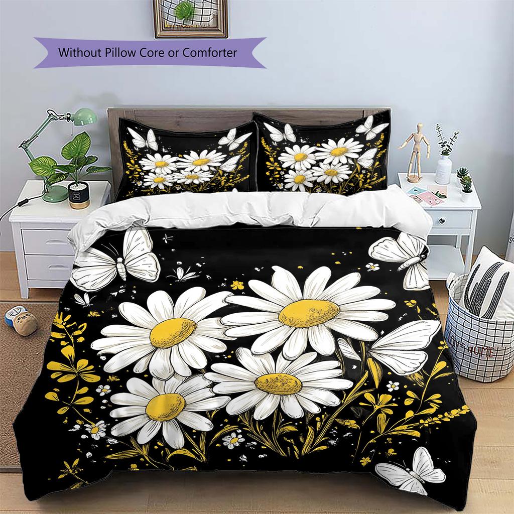 Daisy Butterfly  Pattern Bedding Quilt Set Quilt Cover Pillowcase Home Decoration  Gift (1 * Duvet Cover + 2 * Pillowcase, Without Core)