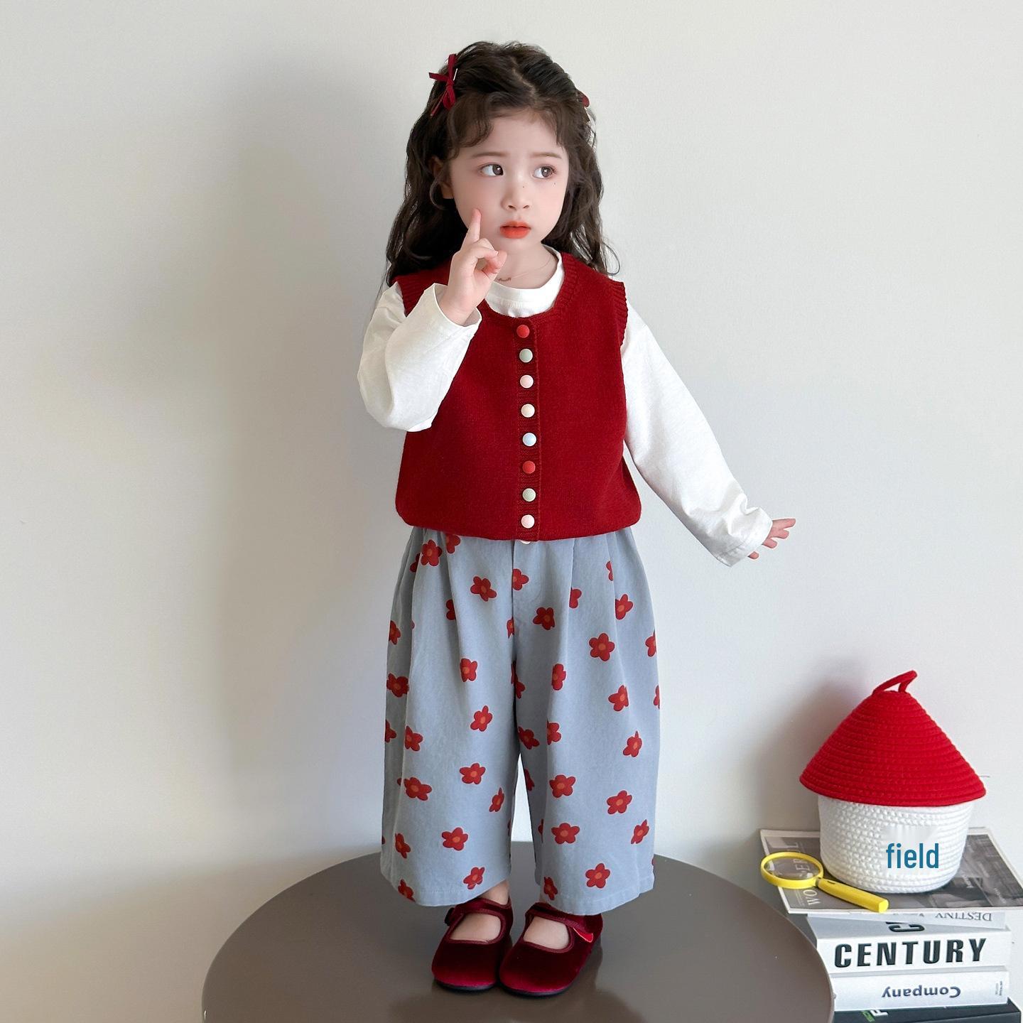 

Весна и Осень 2025 Модный корейский вязаный жилетный комплект для маленьких девочек 100cm красный