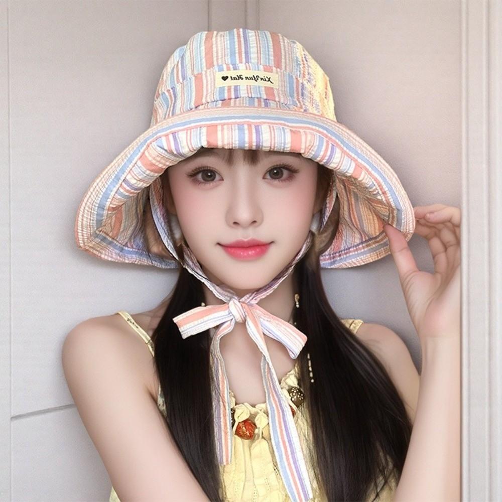 Large Brim Fisherman Hat Colorful Striped Summer Cap Korean Fashion Sun Hat  Women