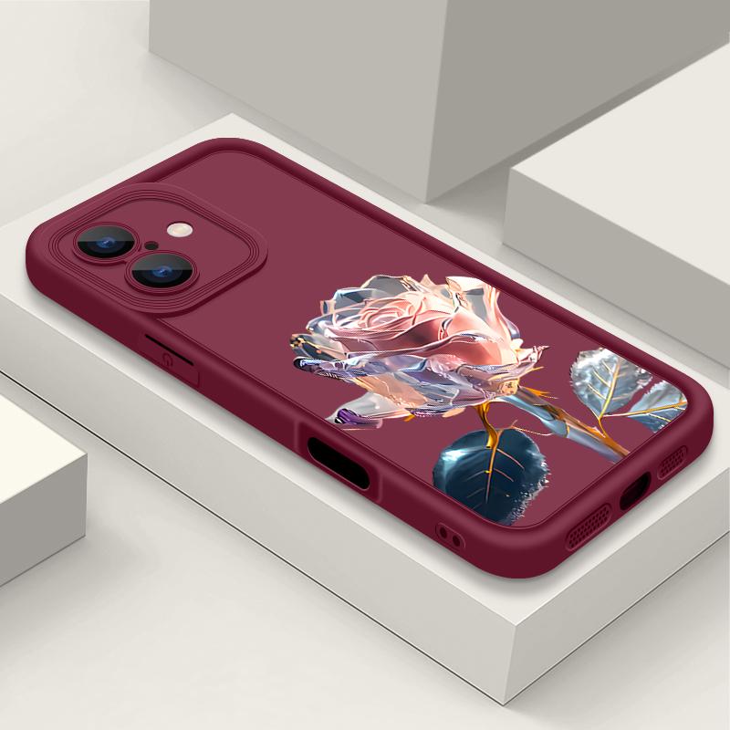 

Розовый кристальный узор розы противоударный чехол для телефона iPhone 16 15 14 Plus 13 12 11 Pro Max Xs Xr 8 7 матовый Tpu мягкий защитный чехол для линз от падения iPhone 7 / 8 вино красного