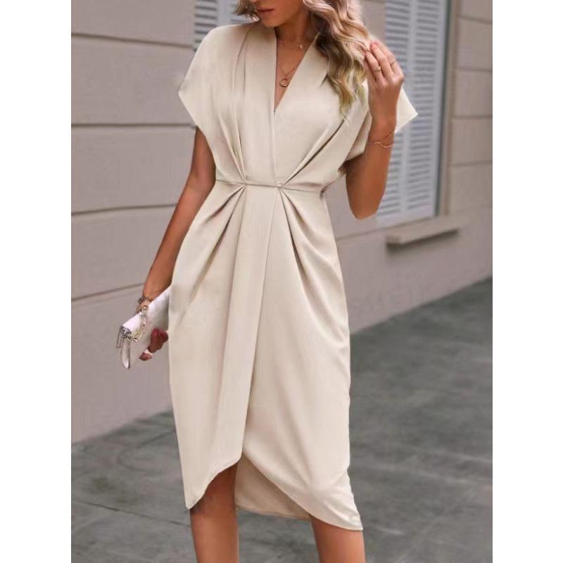 women's Satin V Neck Batwing Short Sleeve Twist Front Wrap Midi Dress Elegant Party Cocktail Dress