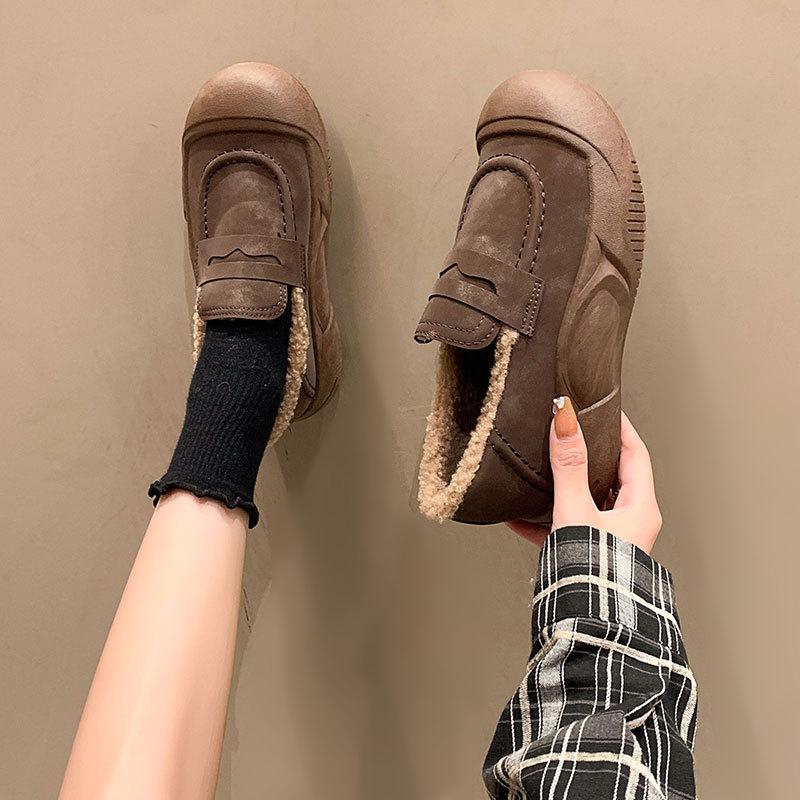 Thick-soled velvet casual loafer single shoes women's 2025 autumn and winter comfortable warm cotton shoes versatile fashion one-pedal shoes