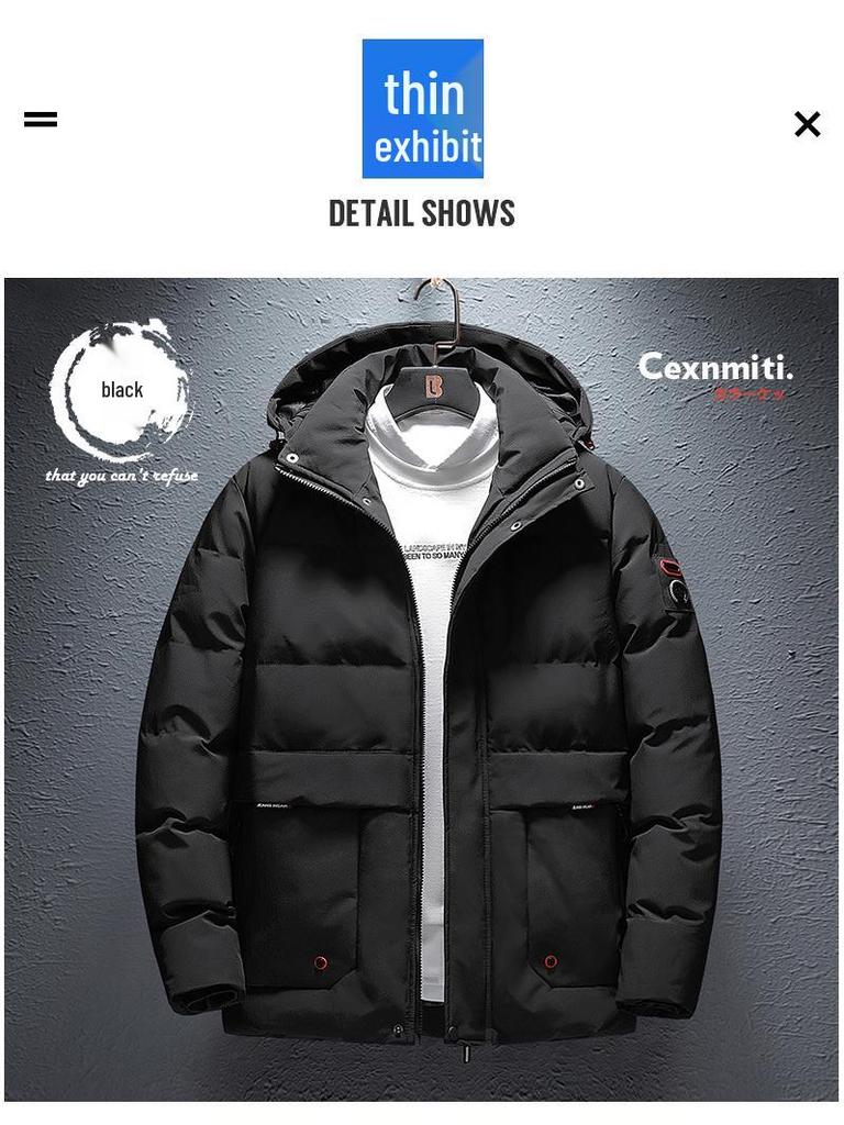 New Men's Windproof Hooded Cotton Jacket - Trendy, Thickened, Detachable Hood, Winter Casual Wear