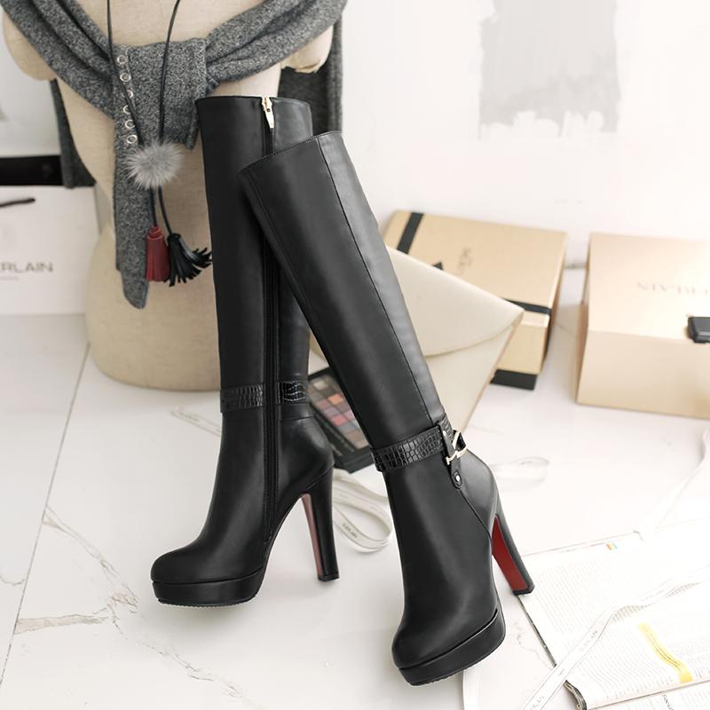 Moteriški aukštakulniai batai rudens ir žiemos nauji vandeniui atsparūs stalo storu kulnu didelio dydžio universalūs vidutinio ilgio batai