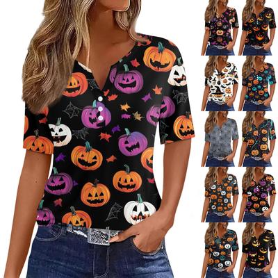 Women's T Shirt Tee Halloween Printed Button Short Sleeve Tunic Daily Weekend Fashion Basic V- Neck Regular Top