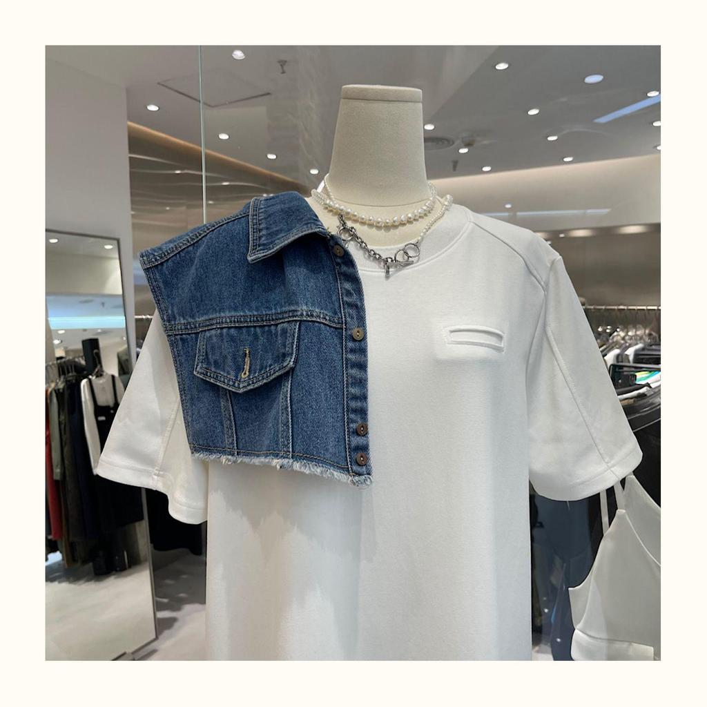 Summer 2025 Pure Cotton Round Neck Mid-Length T-Shirt Dress with Fake Pocket for Women.