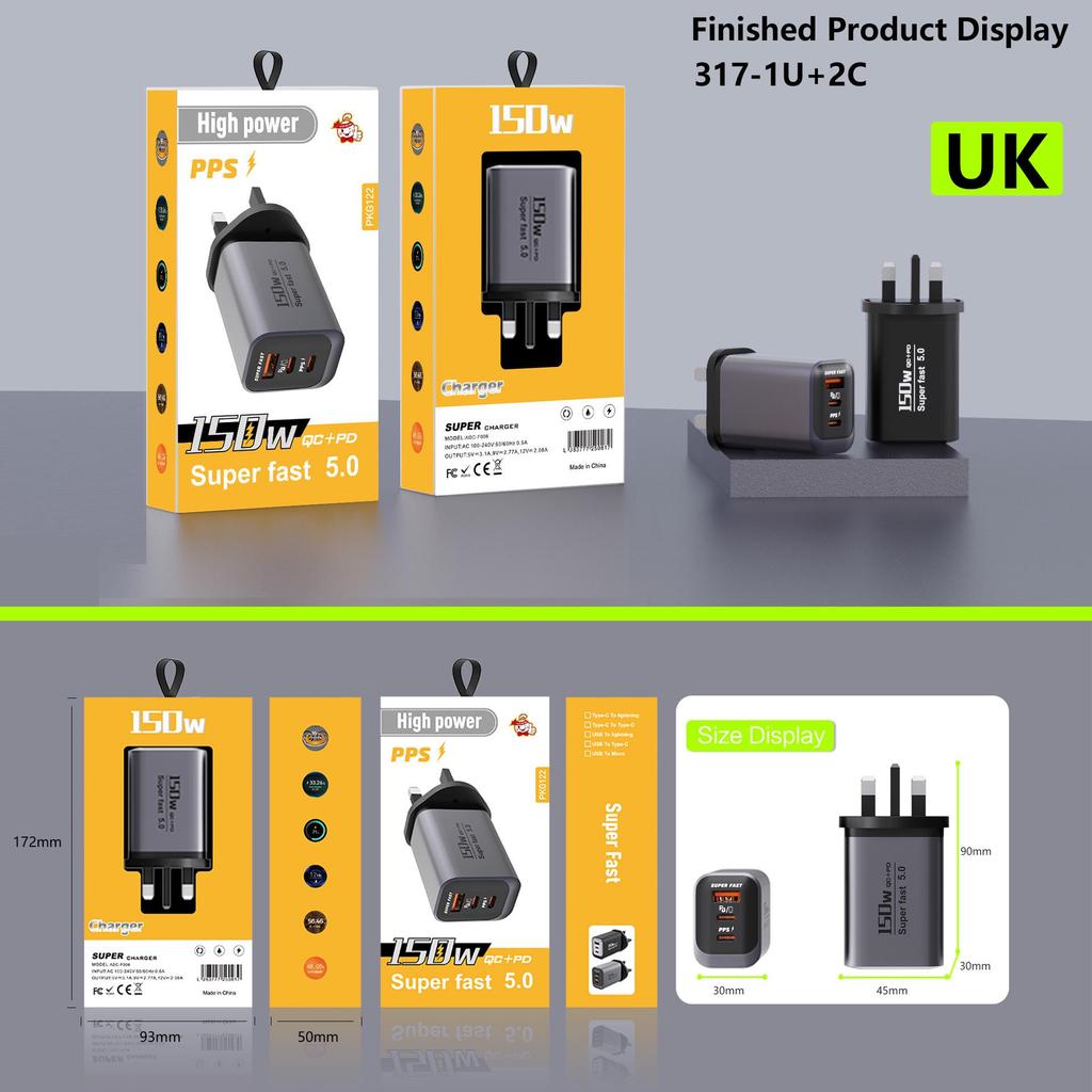 Gunmetal Gray 150W Multi-Port Fast Charger for Small Home Appliances & Multi-Device Charging