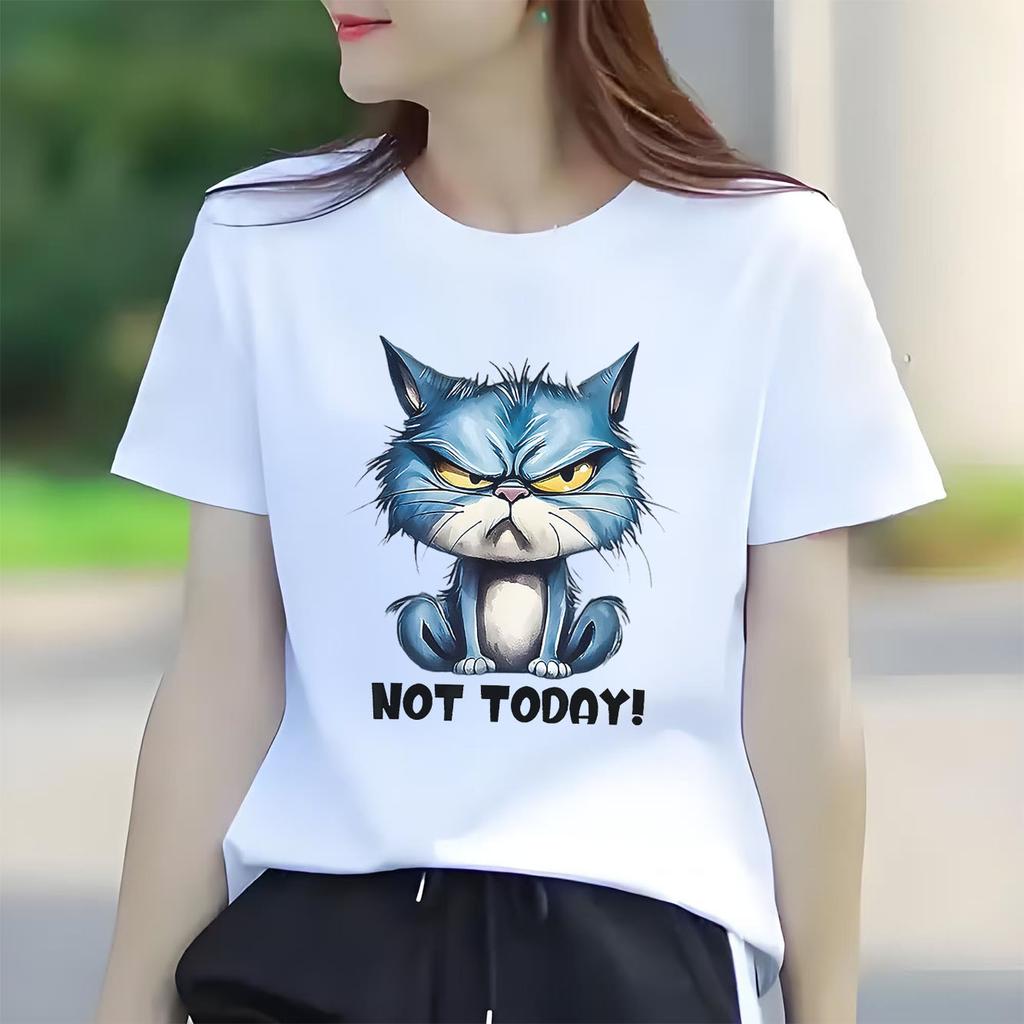 Blue cat not suitable  cartoon printed short sleeved round neck Womens Tshirt for spring and summer versatile Womens Tshirt