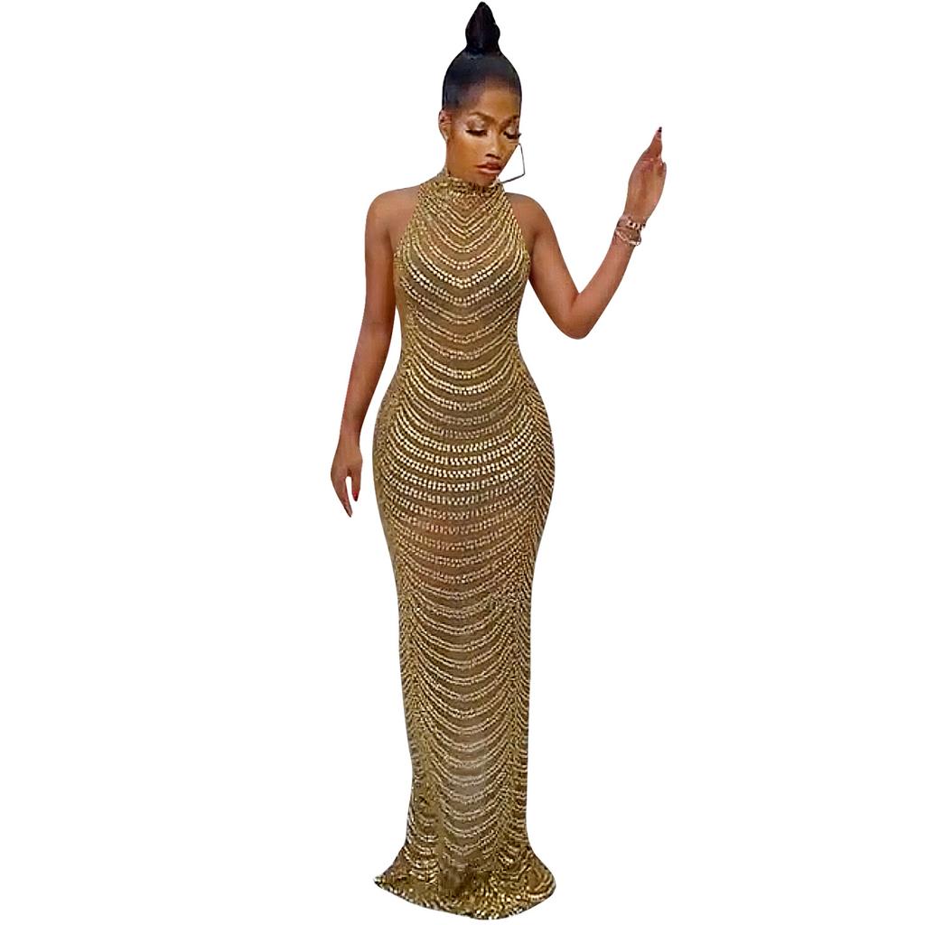 Women's Dress Fashion Sexy Backless Nightclub Party Dresses Hot Drilling See Through Long Dresses