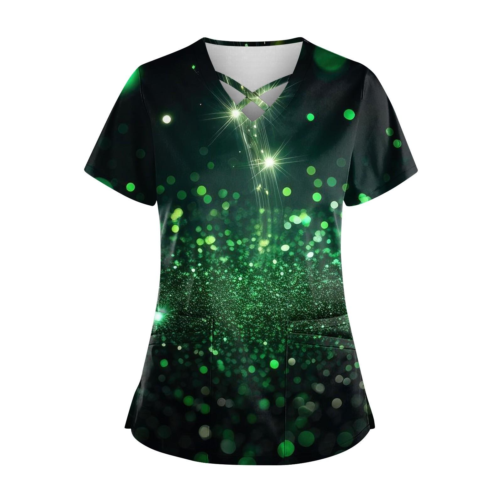 

Женская рубашка с короткими рукавами, крест-накрест, V-образным вырезом, пайетками, напечатанным карманом, униформа для сиделки, V-образный вырез, карман для сиделки L темно-зеленого