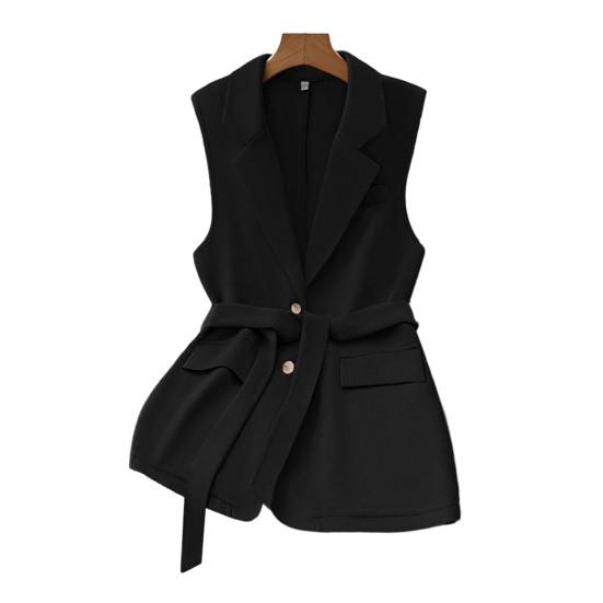 Women's Sleeveless Blazer Vest Button Lapel Collar Work Jacket Fall Casual Long Dressy Coat with Belt